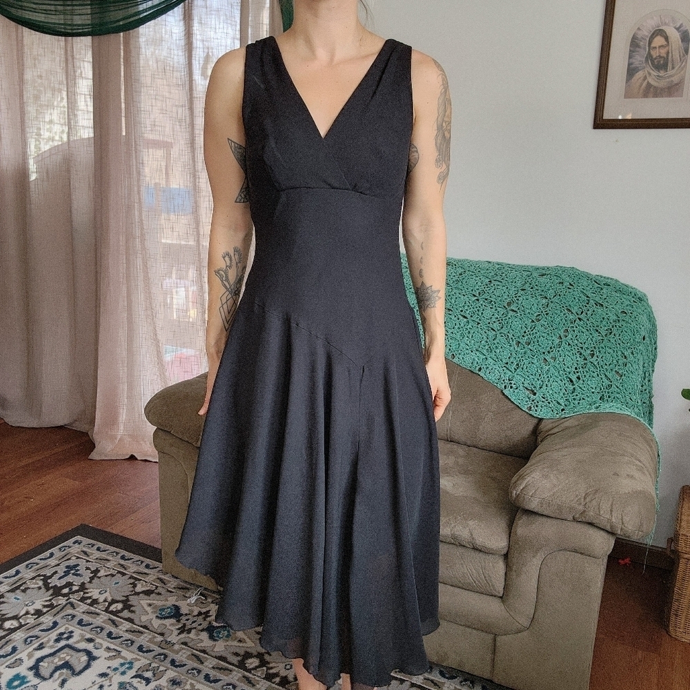 B. Moss Black Assymetrical Drop Waist Midi Dress Size 6
